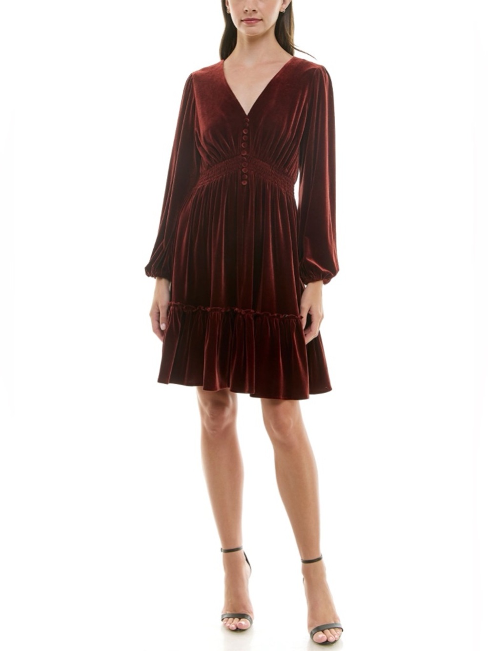 Taylor Velvet Long Sleeve Dress in Rust color